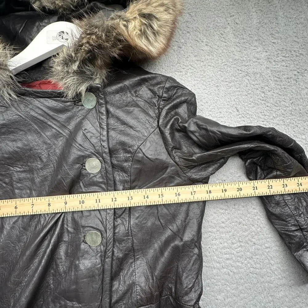 Vintage 60s 70s Genuine Leather Fur Trim Trench Belted Coat Womens Small Hooded